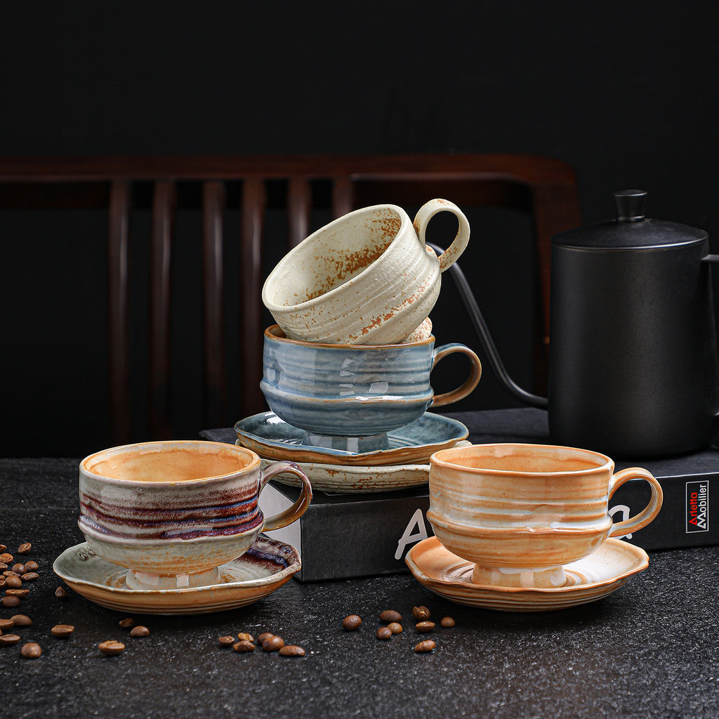 Kiln-Changed Vintage Ceramic Coffee Cup & Saucer Set – 180ml, Coarse Clay Texture