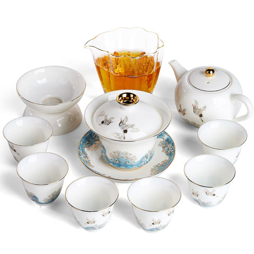 Ceramic Sulet-jade Red-crowned Crane Chinese Tea Set