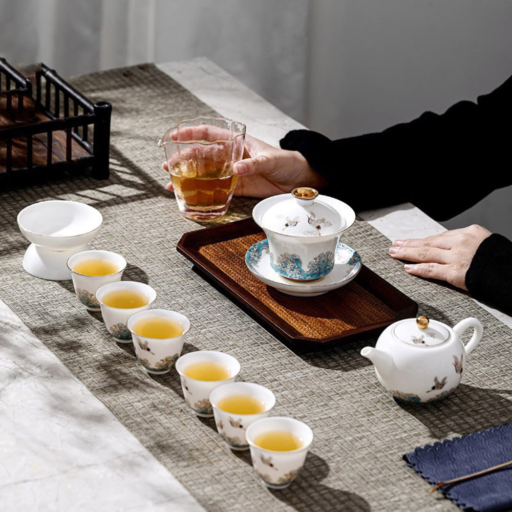 Ceramic Sulet-jade Red-crowned Crane Chinese Tea Set