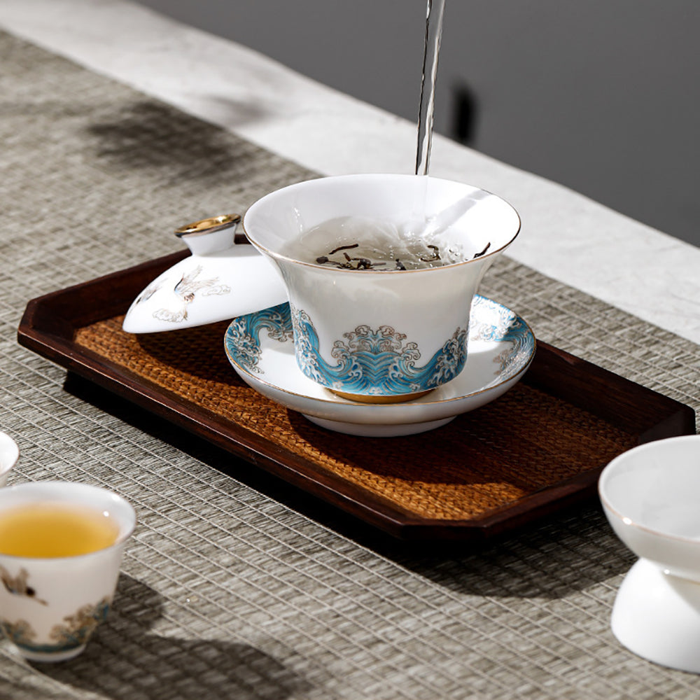 Ceramic Sulet-jade Red-crowned Crane Chinese Tea Set