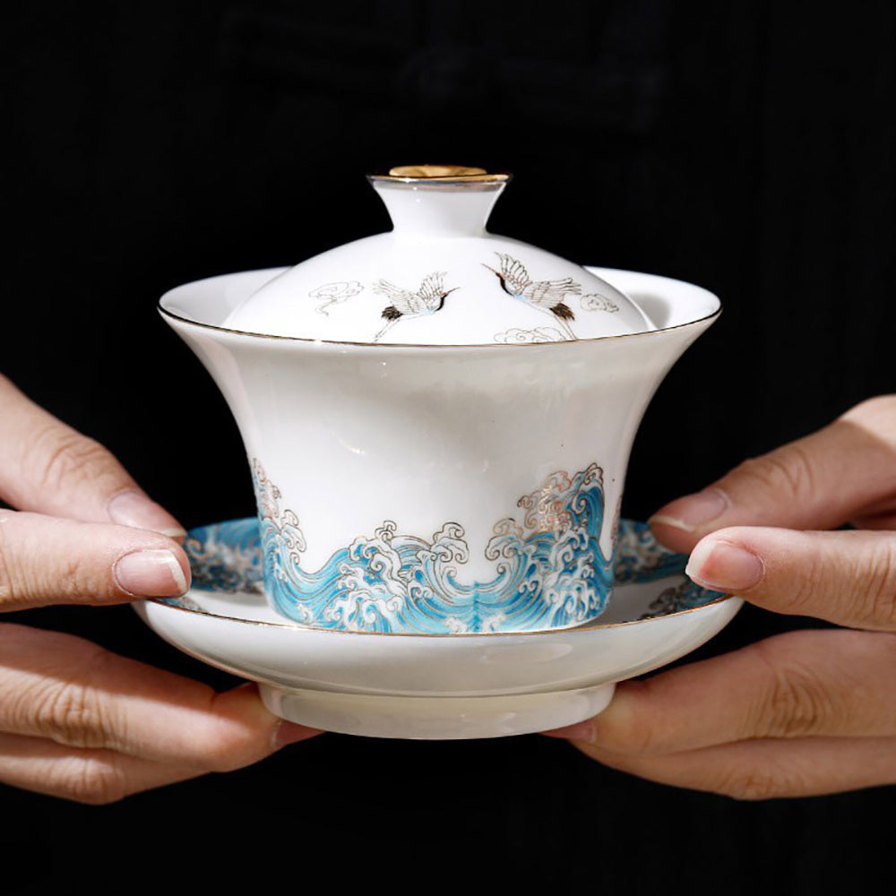 Ceramic Sulet-jade Red-crowned Crane Chinese Tea Set