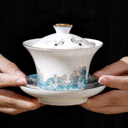 陶瓷苏勒-玉红顶鹤中式茶具