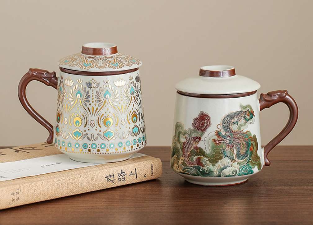Ru Kiln Dunhuang Office Mug – Ceramic Chinese Tea Cup with Lid & Infuser, Gift Box Included