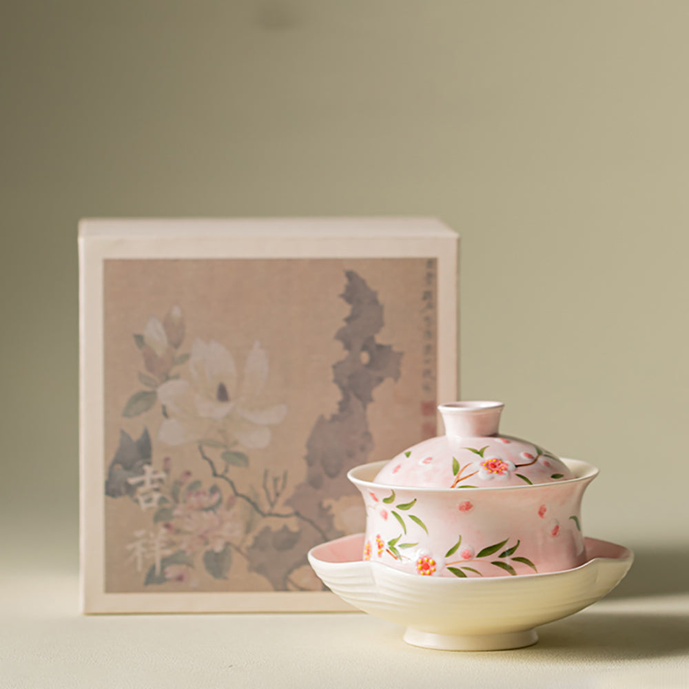 Hand-printed Peach Blossom Porcelain Gaiwan