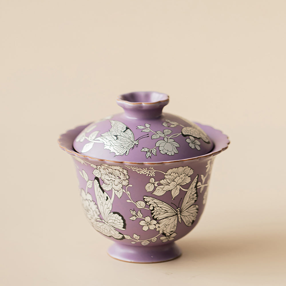 Purple Gilt-Silver Butterfly And Flower Porcelain Gaiwan