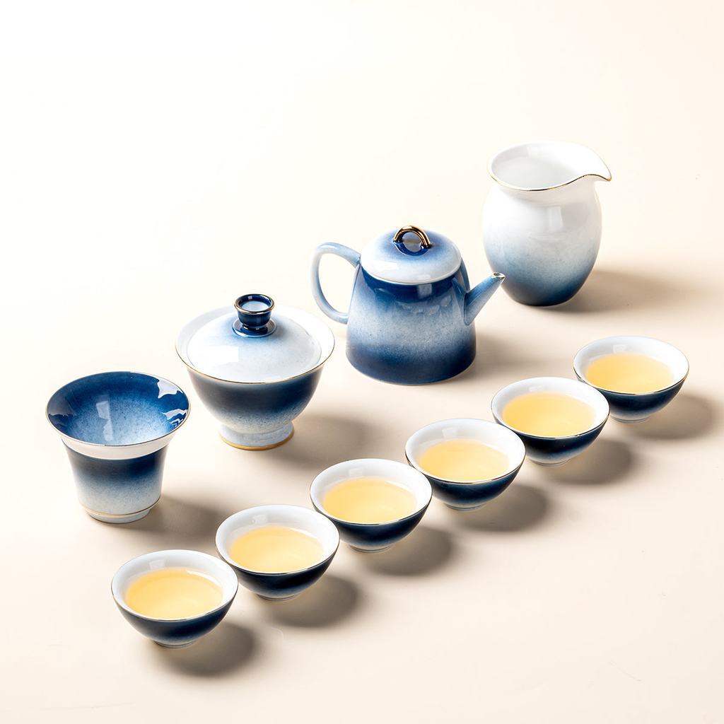 Gradient Blue Jade Porcelain Japanese  Tea Set