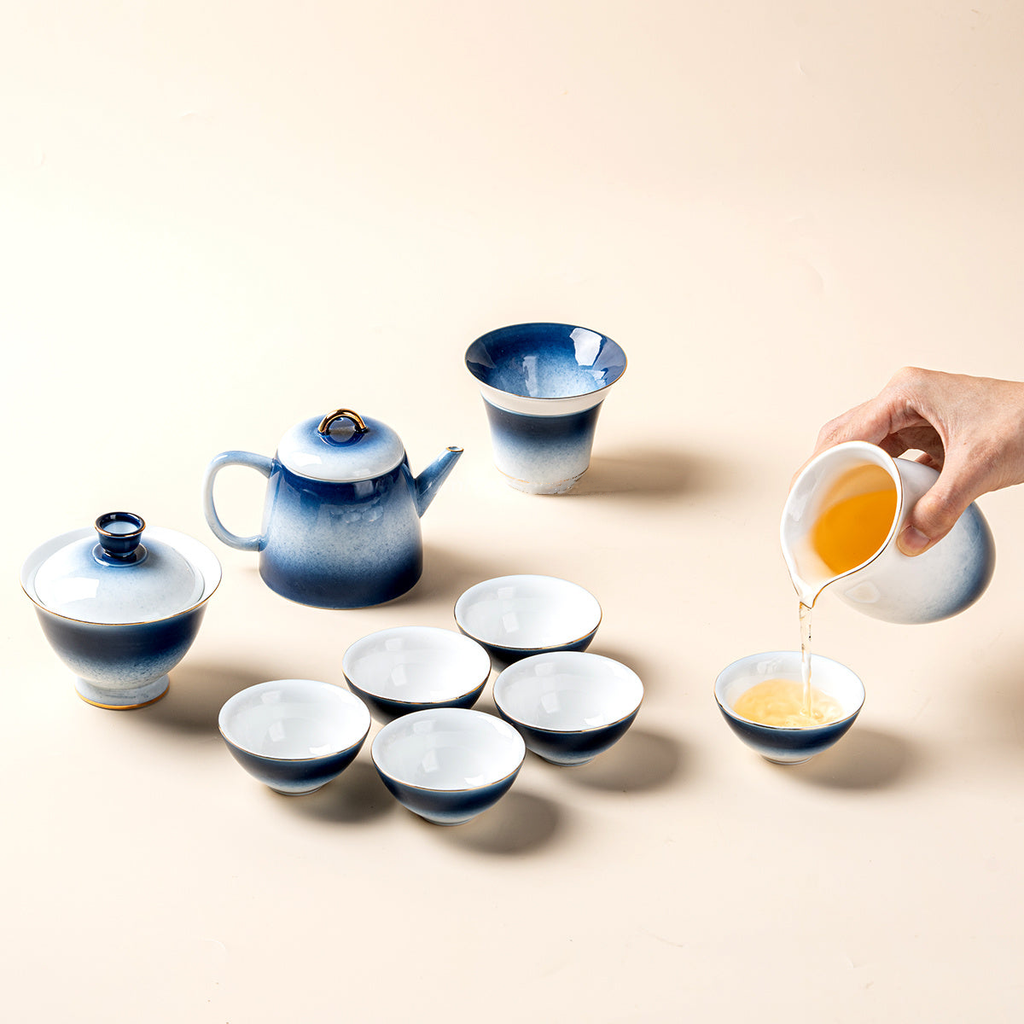 Gradient Blue Jade Porcelain Japanese  Tea Set