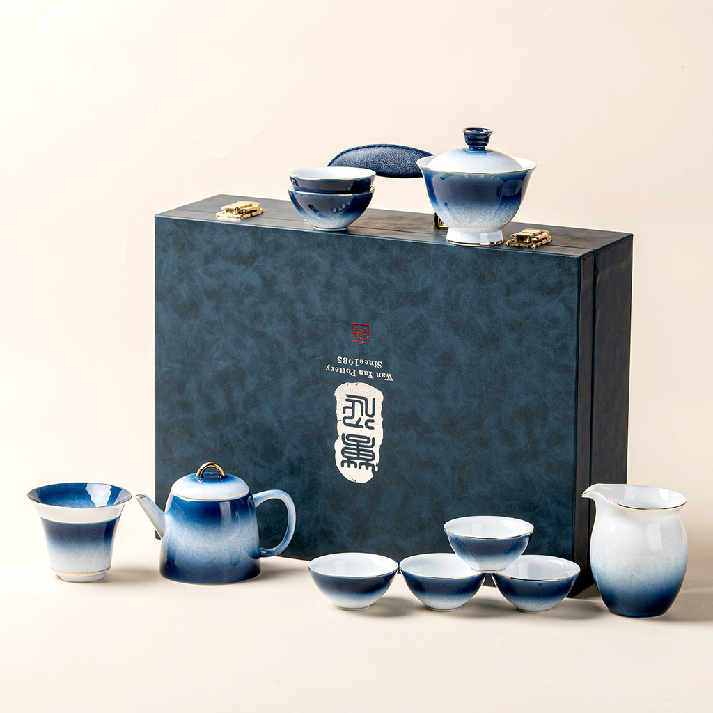 Gradient Blue Jade Porcelain Japanese  Tea Set