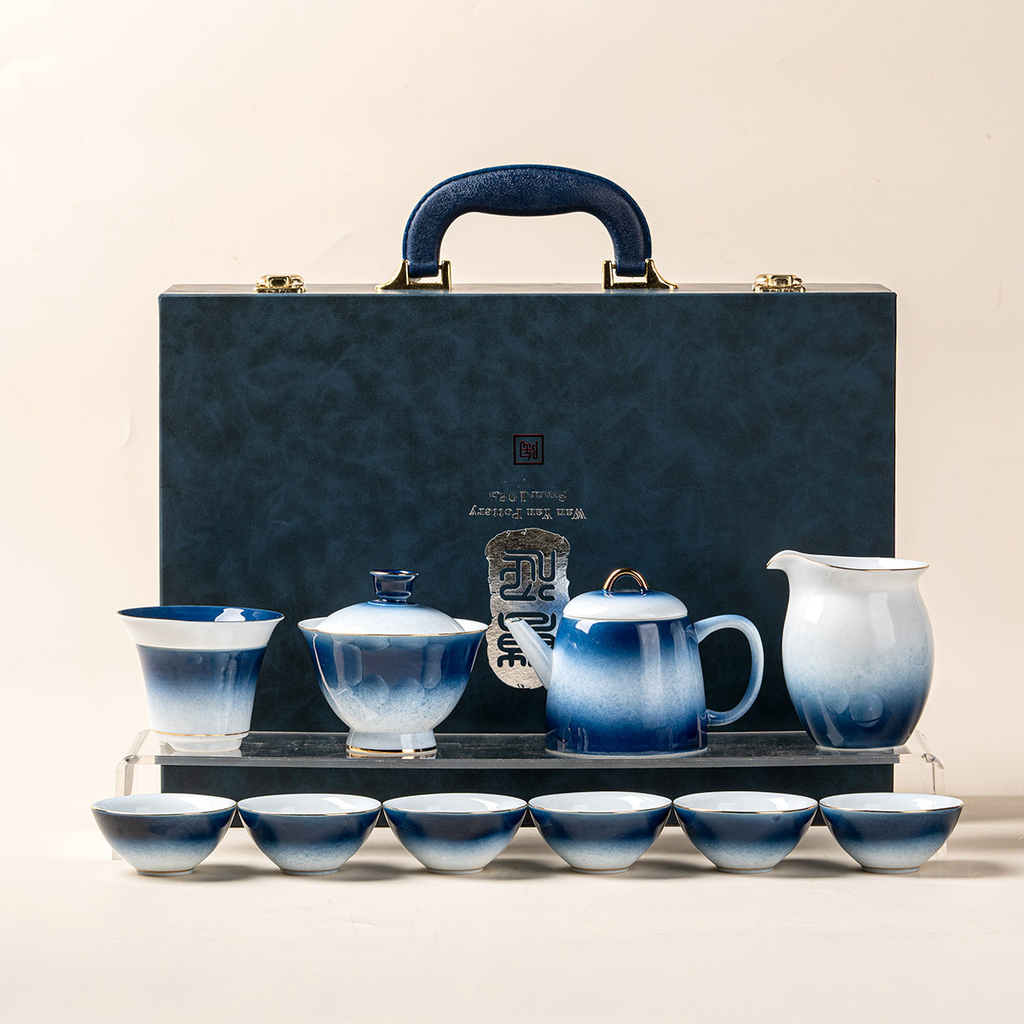 Gradient Blue Jade Porcelain Japanese  Tea Set
