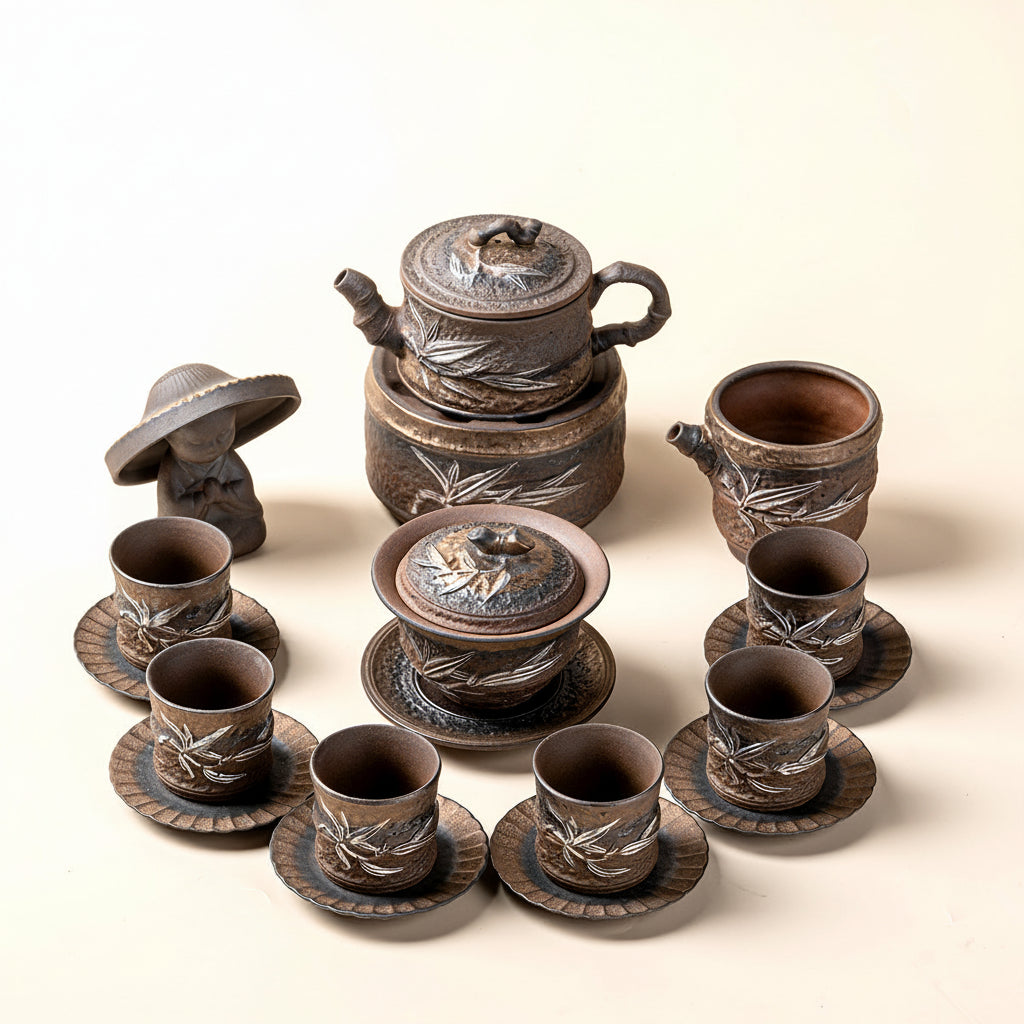 Japanese Pottery Gilded Iron Glaze Bamboo Tea Set