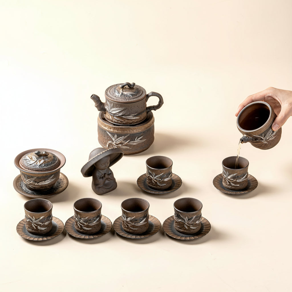 Japanese Pottery Gilded Iron Glaze Bamboo Tea Set
