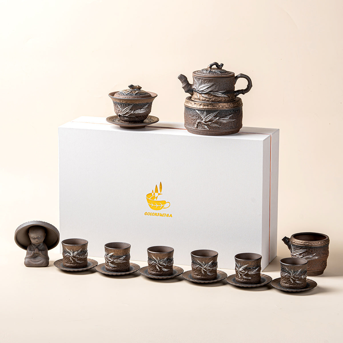 Japanese Pottery Gilded Iron Glaze Bamboo Tea Set