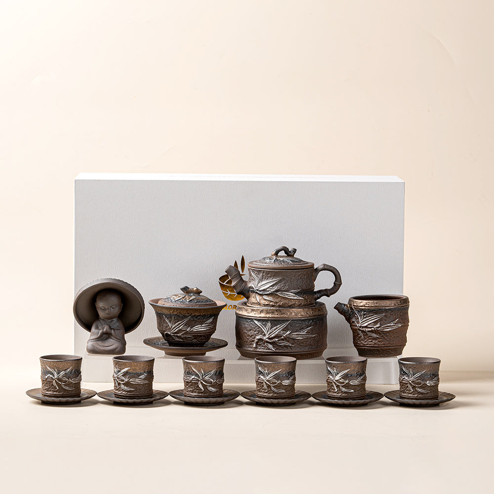 Japanese Pottery Gilded Iron Glaze Bamboo Tea Set