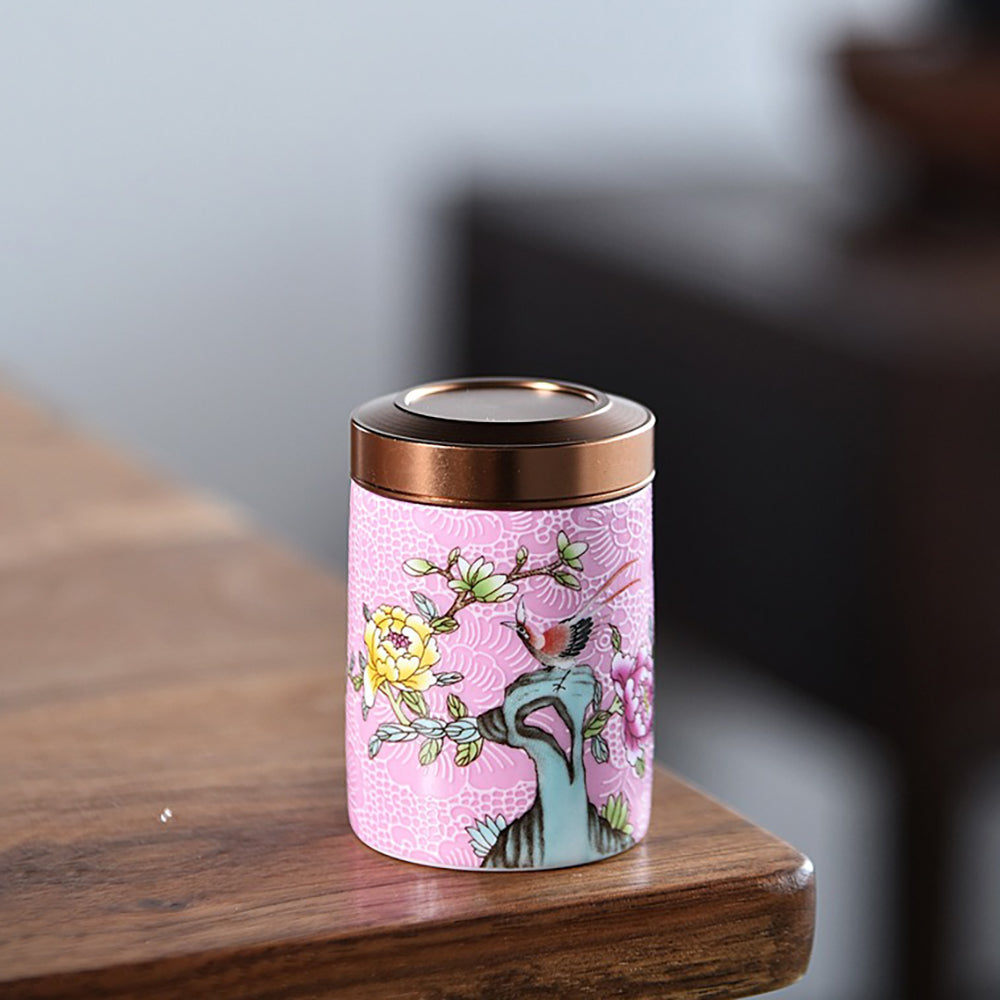 Magpie and Flower Enamel Six Tea Caddies Set
