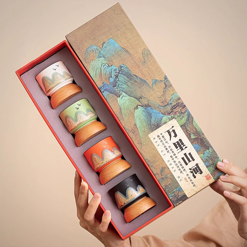 Distant Mountains Gongfu Tea Cup Set With Wooden Base