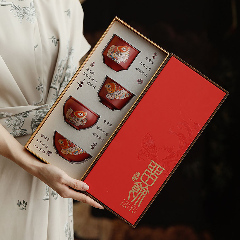 Red Ceramic Koi Gongfu Tea Cup Set