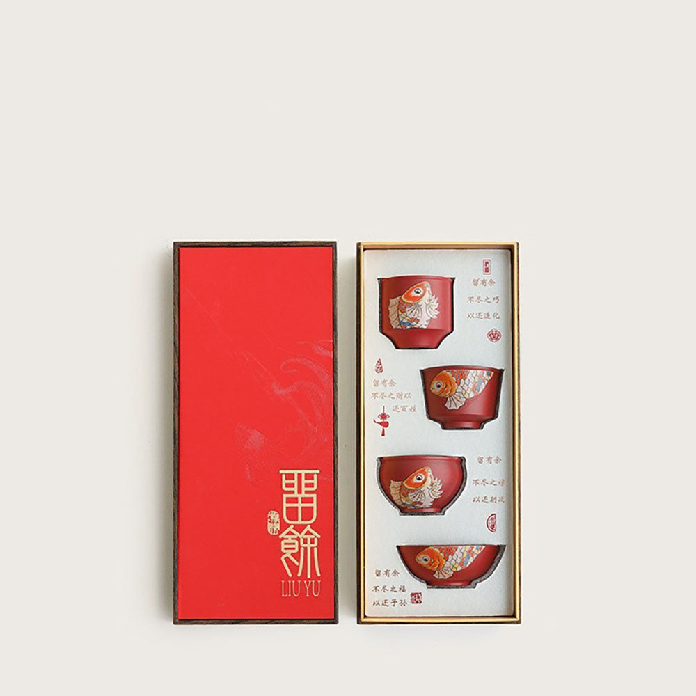 Red Ceramic Koi Gongfu Tea Cup Set