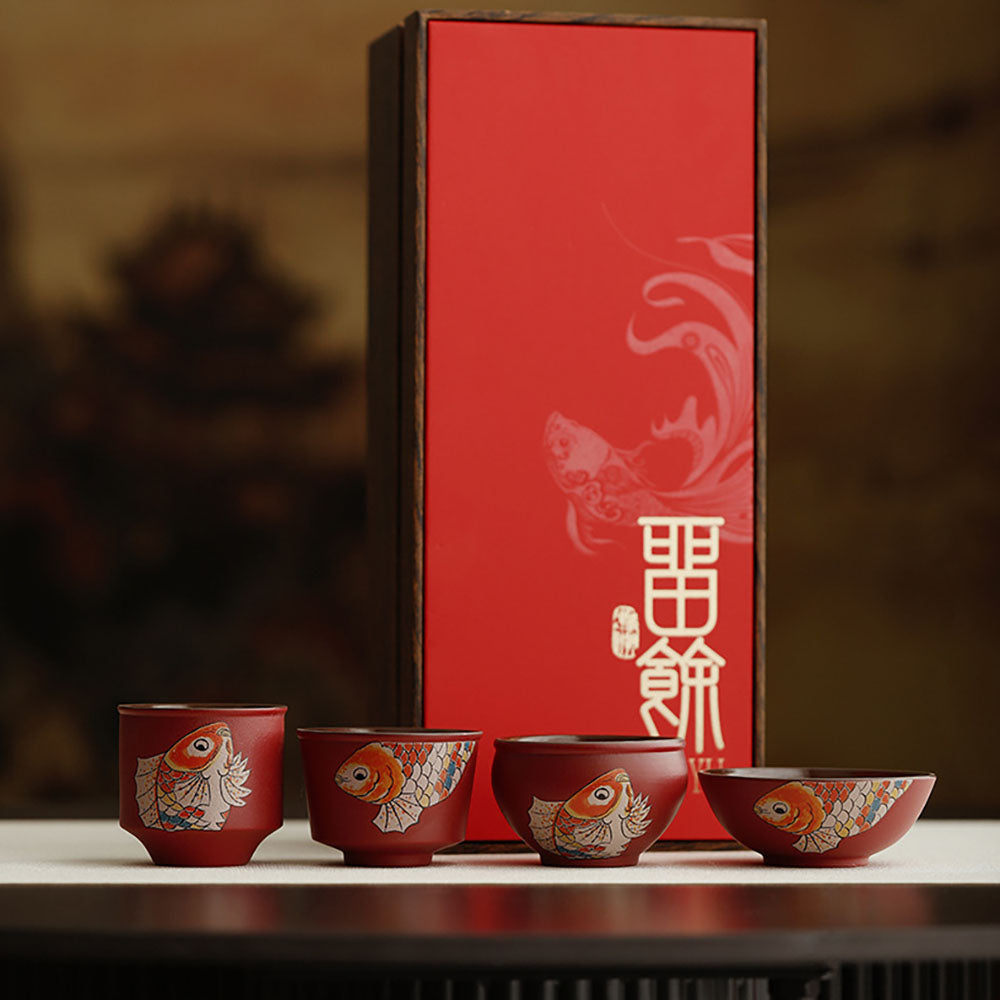 Red Ceramic Koi Gongfu Tea Cup Set
