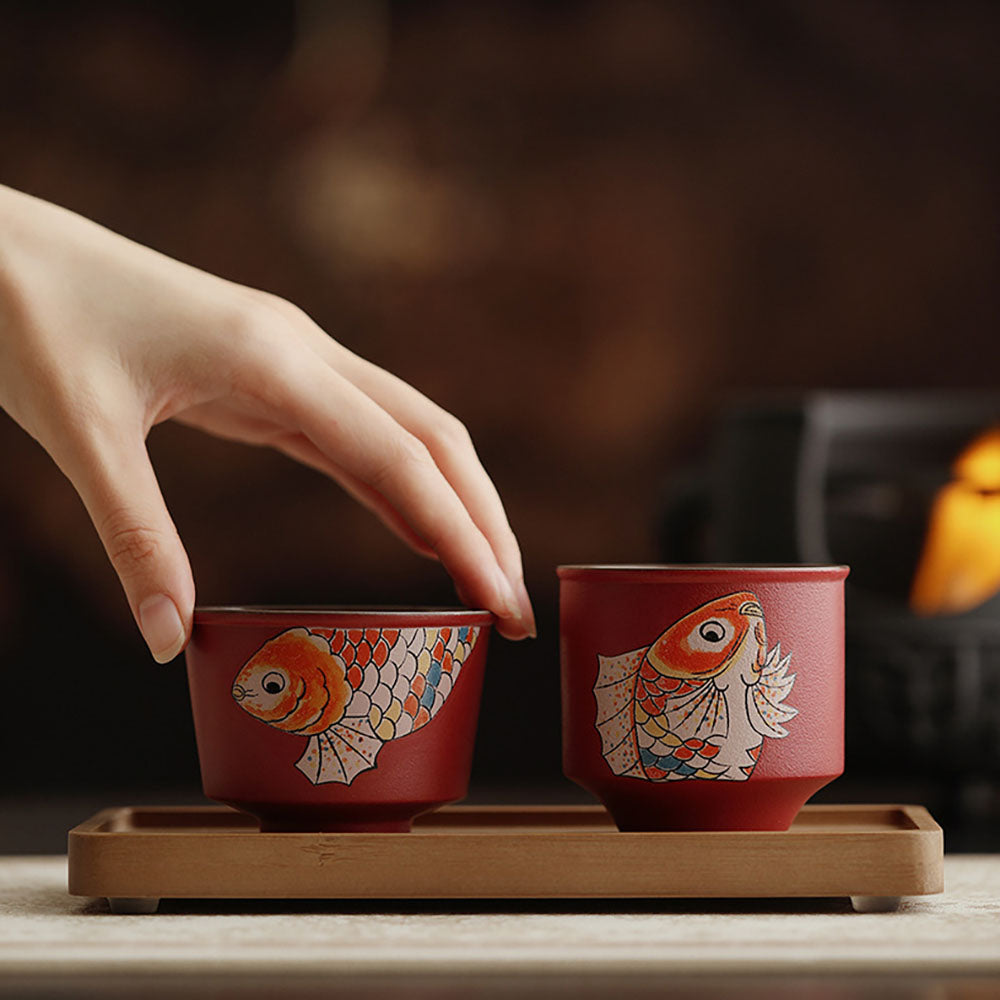 Red Ceramic Koi Gongfu Tea Cup Set