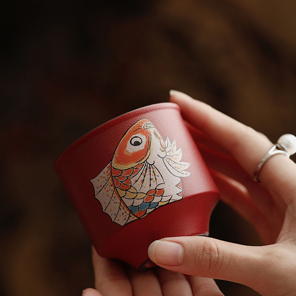 Red Ceramic Koi Gongfu Tea Cup Set