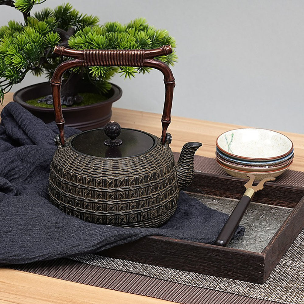 Japanese Bamboo Weaving Cast Iron Teapot