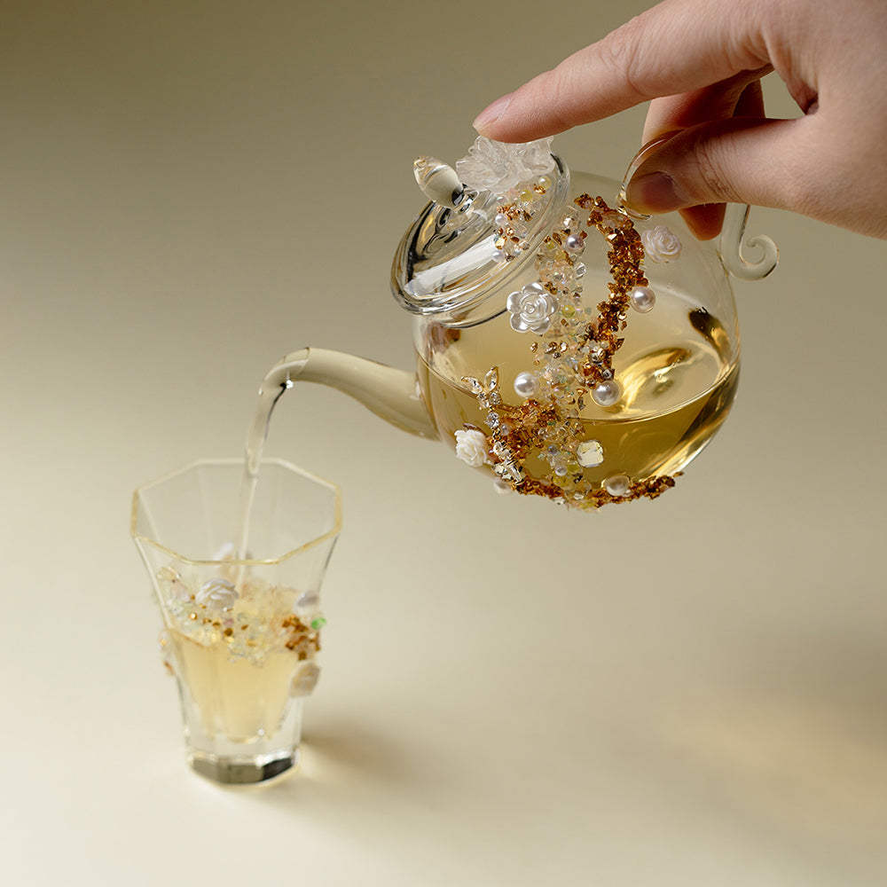 日落白玫瑰硼硅酸盐玻璃茶壶