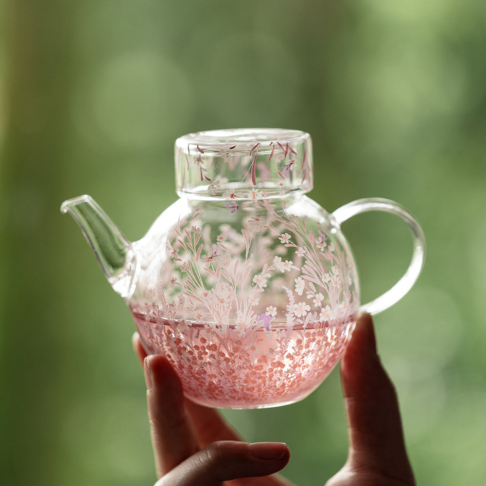 粉色花朵耐热玻璃茶壶