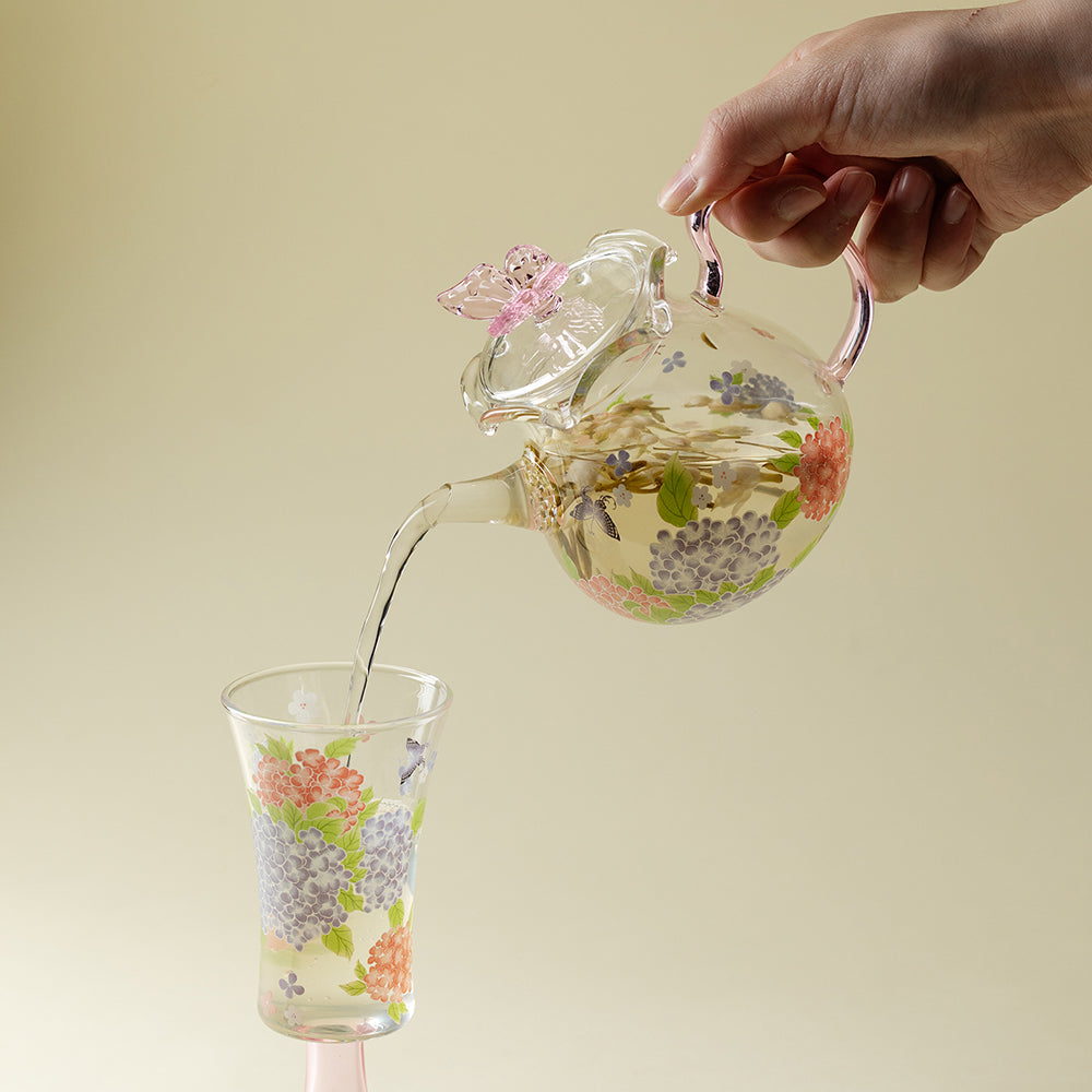 Pink Butterfly And Hydrangea Borosilicate Glass Teapot
