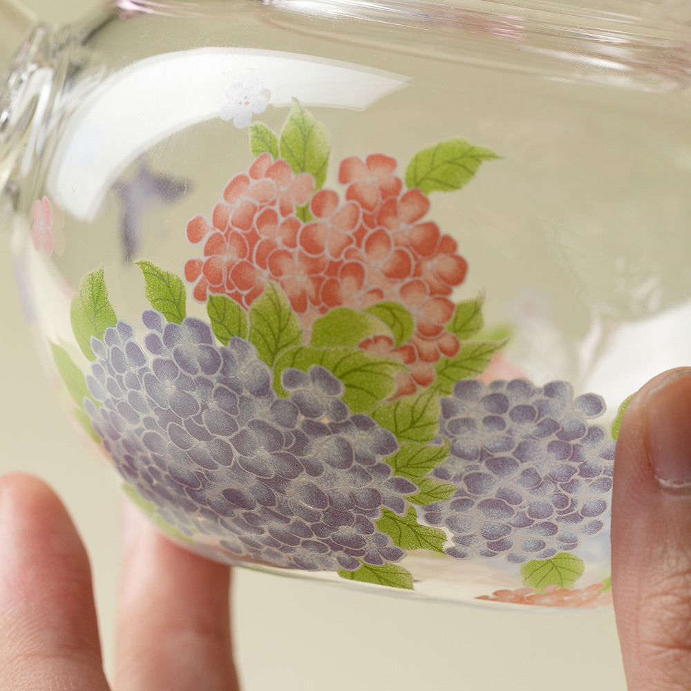 Pink Hydrangea Borosilicate Glass Teapot