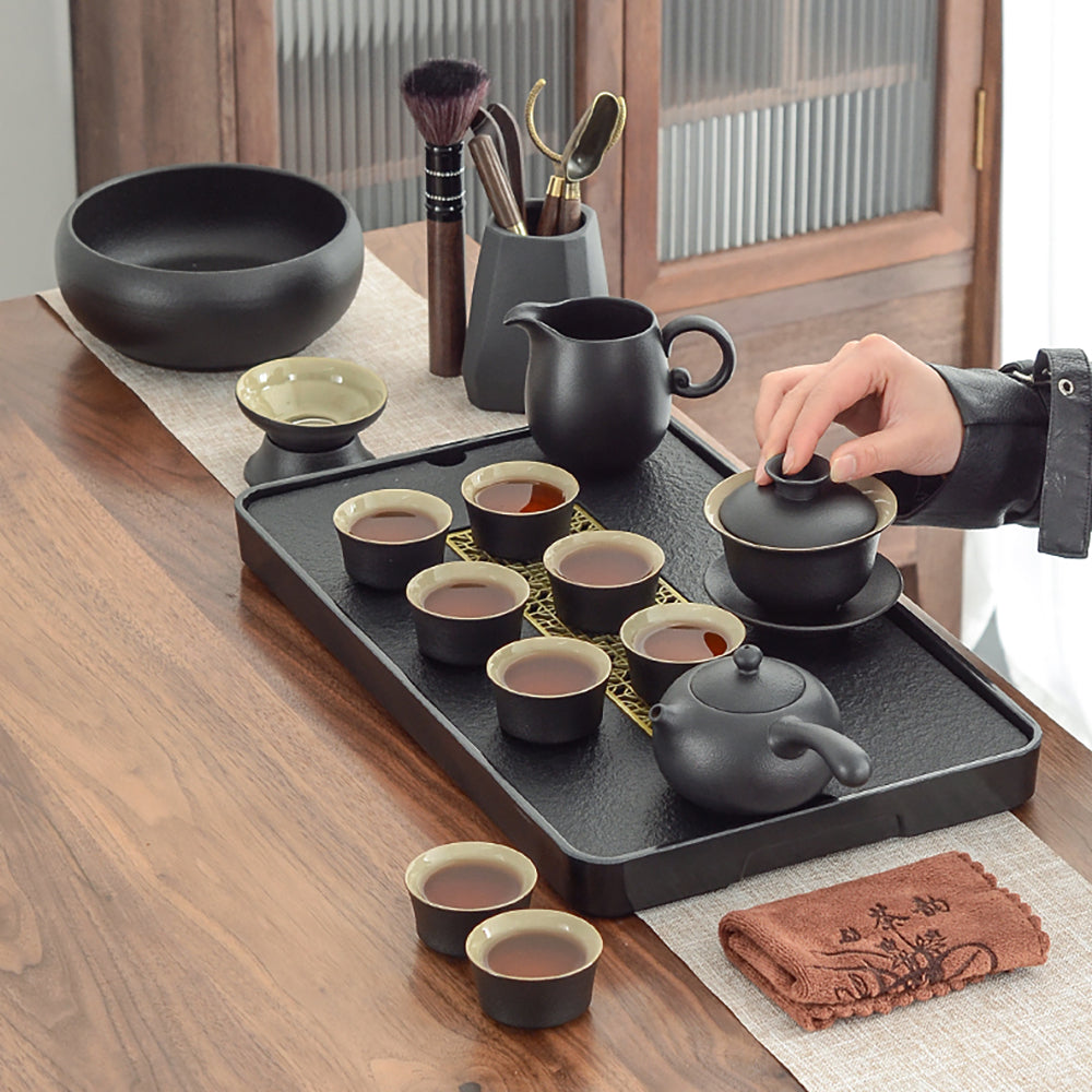 黑陶侧把茶壶套装