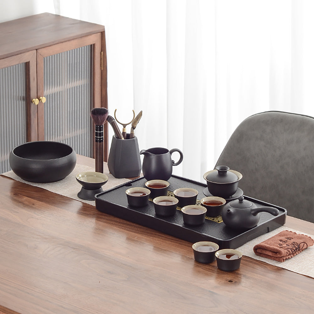 黑陶侧把茶壶套装