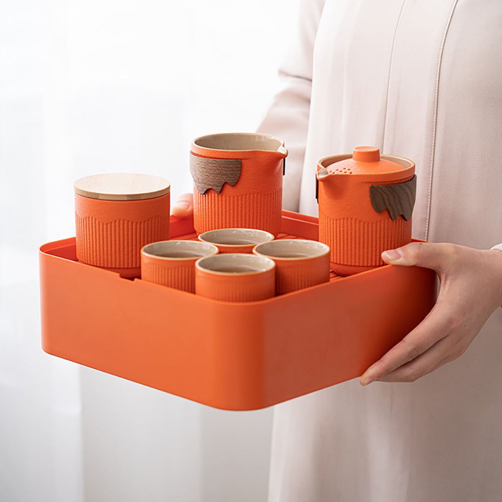 Orange Stoneware Portable Gong Fu Tea Set