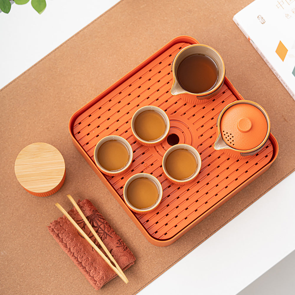Orange Stoneware Portable Gong Fu Tea Set