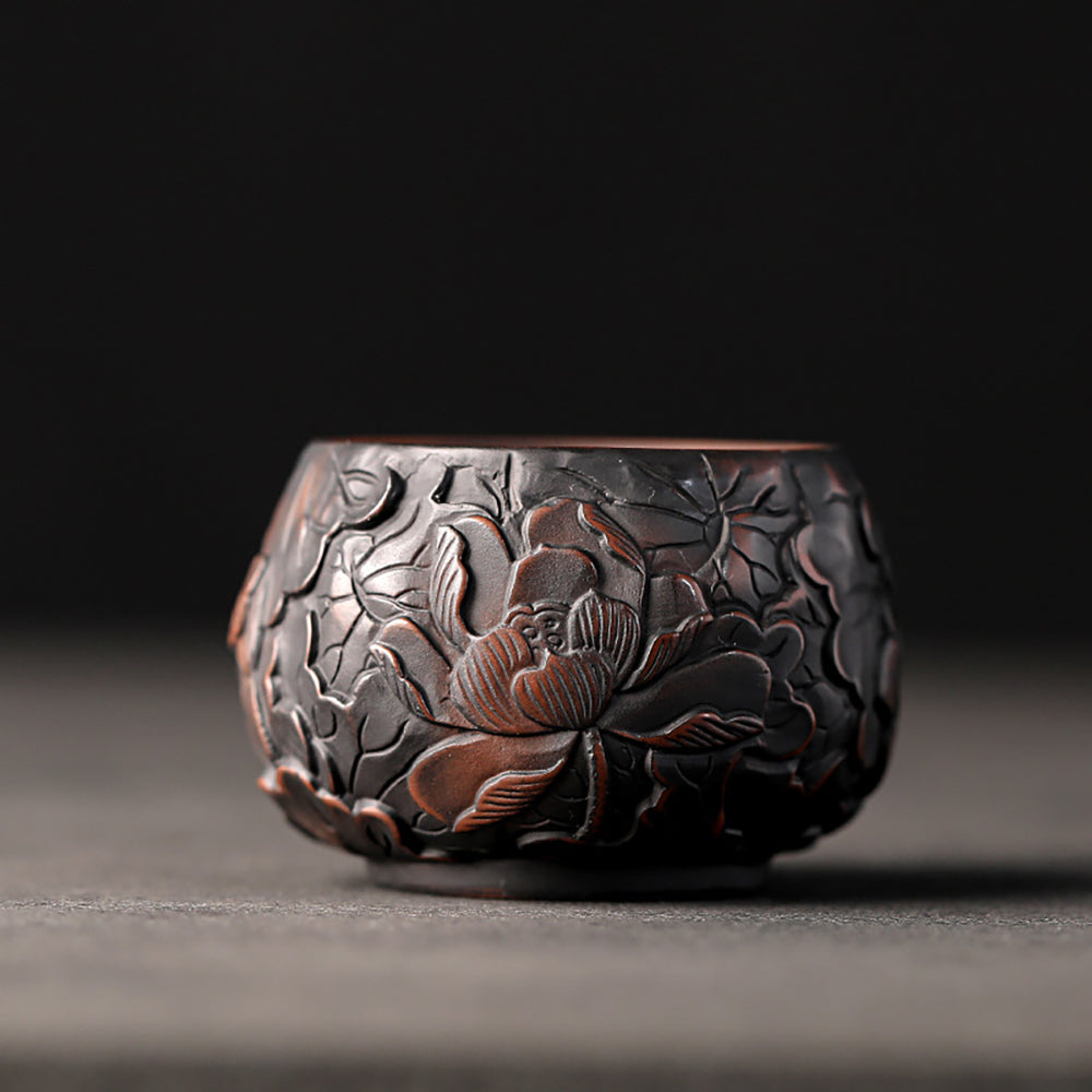 Black Pottery Relief Lotus Kung Fu Tea Cup