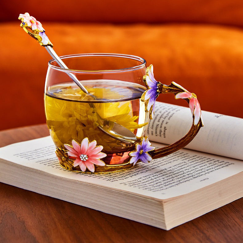 彩绘珐琅花朵玻璃茶杯