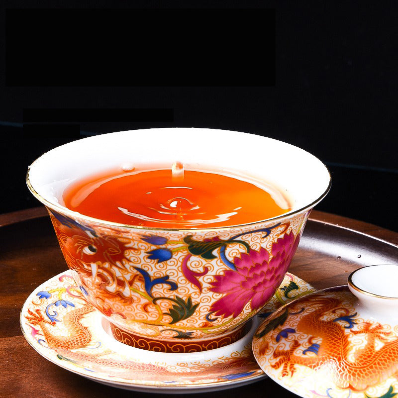 Enamel Porcelain Dragon Phoenix Gaiwan