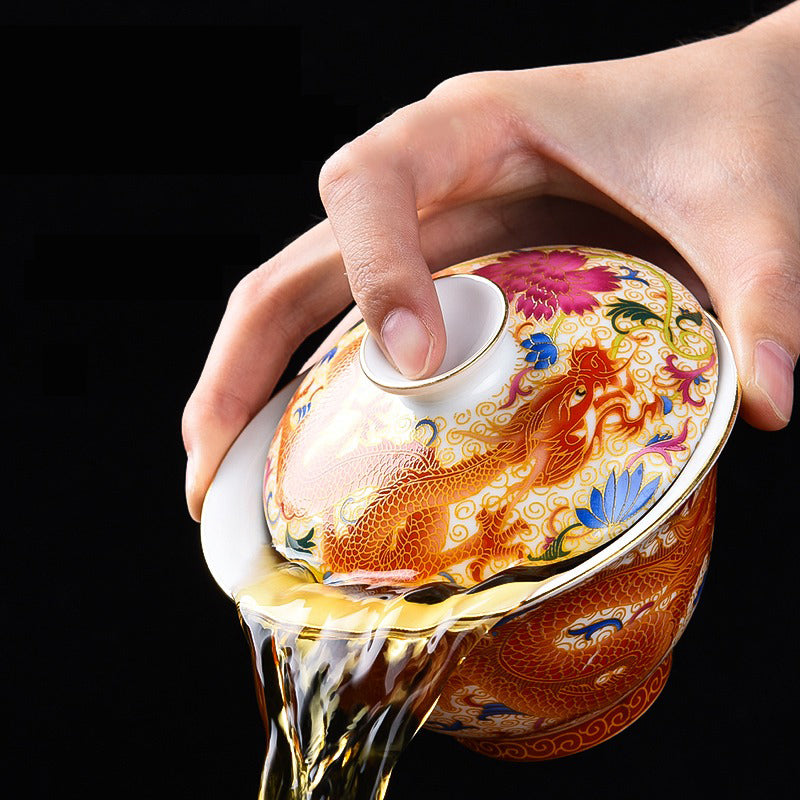Enamel Porcelain Dragon Phoenix Gaiwan