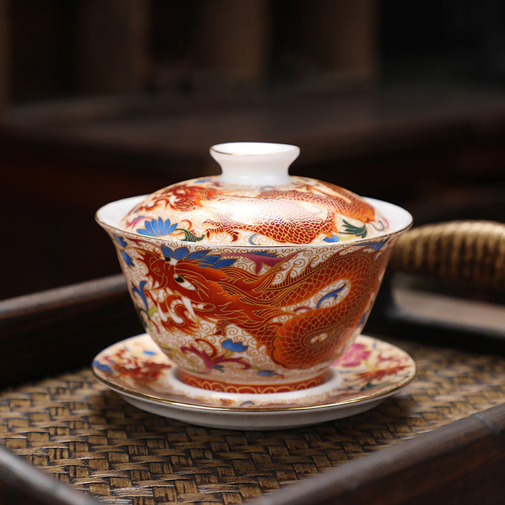 Enamel Porcelain Dragon Phoenix Gaiwan