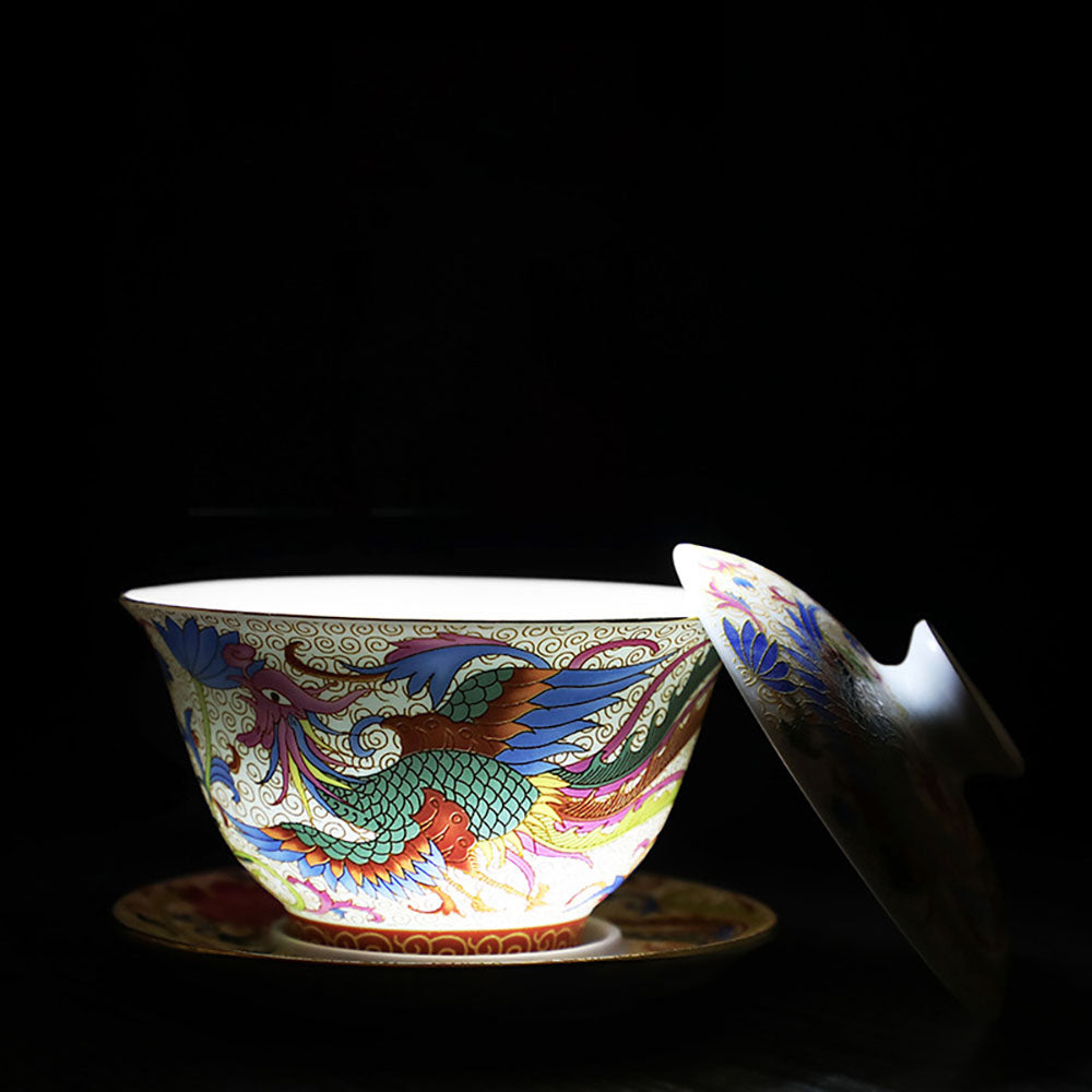 Enamel Porcelain Dragon Phoenix Gaiwan
