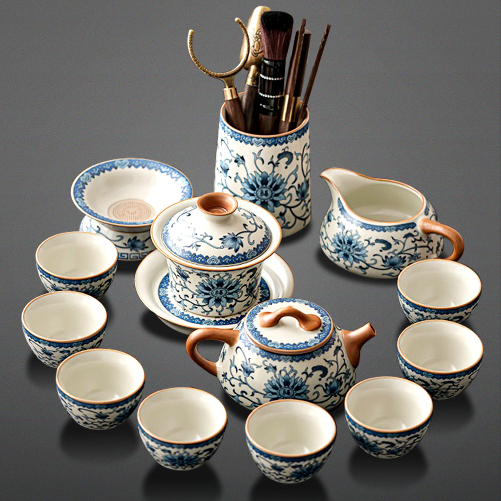 Blue And White Ruyao Twig Flowers Chinese Tea Set