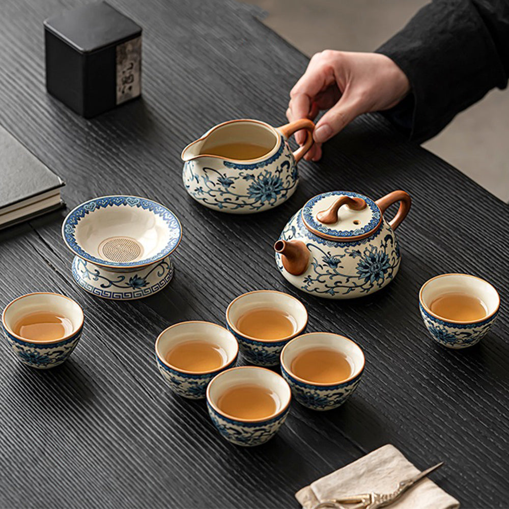 Blue And White Ruyao Twig Flowers Chinese Tea Set