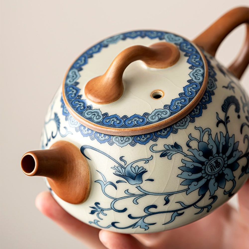 Blue And White Ruyao Twig Flowers Chinese Tea Set