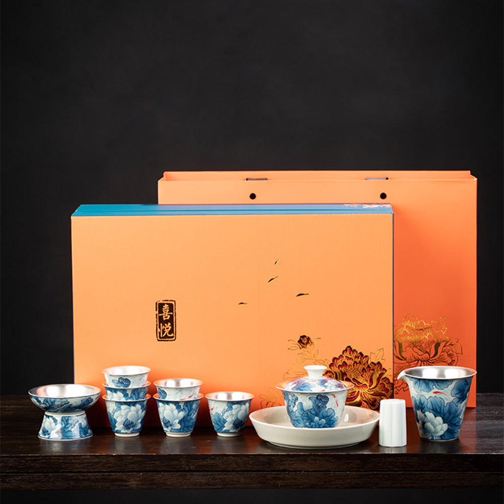 Enamel Porcelain Silver Lotus Chinese Tea Set