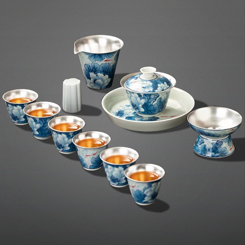 Enamel Porcelain Silver Lotus Chinese Tea Set