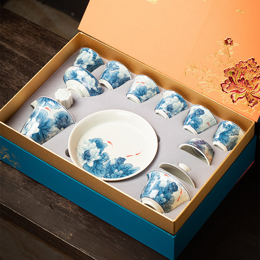 Enamel Porcelain Silver Lotus Chinese Tea Set
