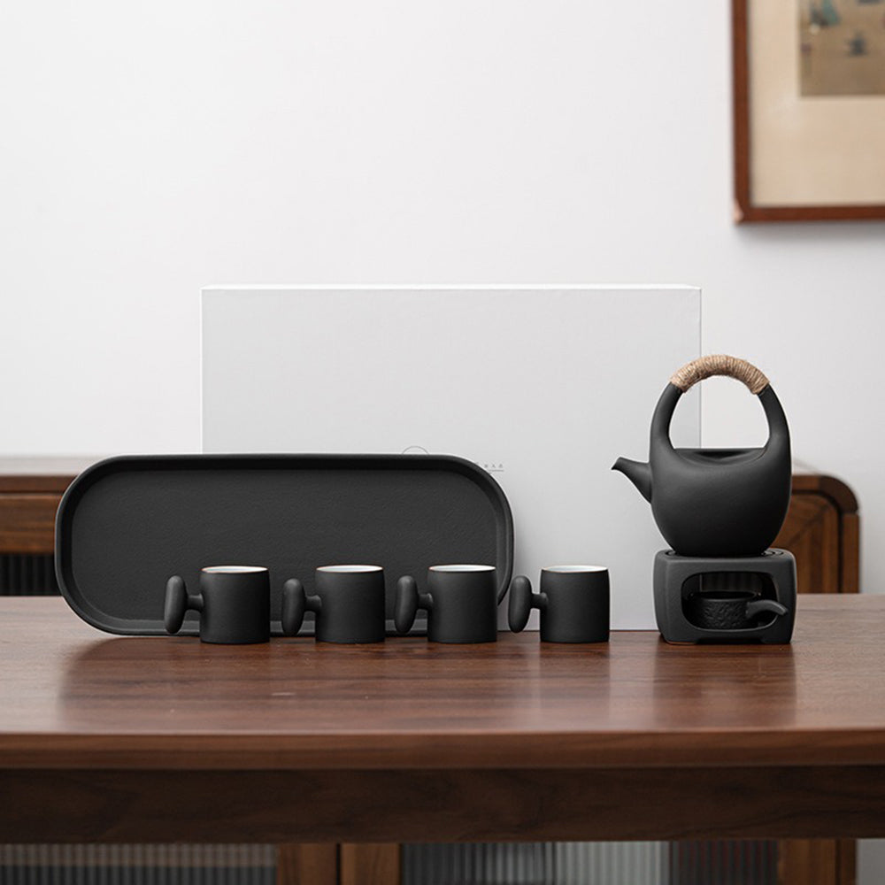 Japanese Black Pottery Tea Set With Warmer
