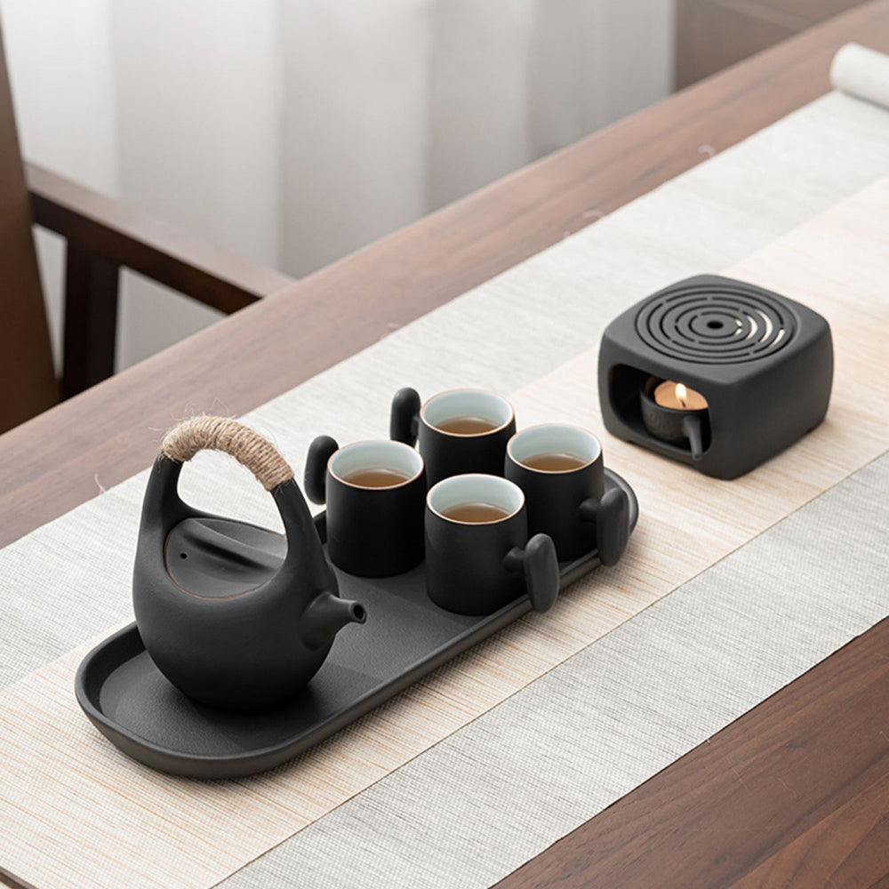 Japanese Black Pottery Tea Set With Warmer