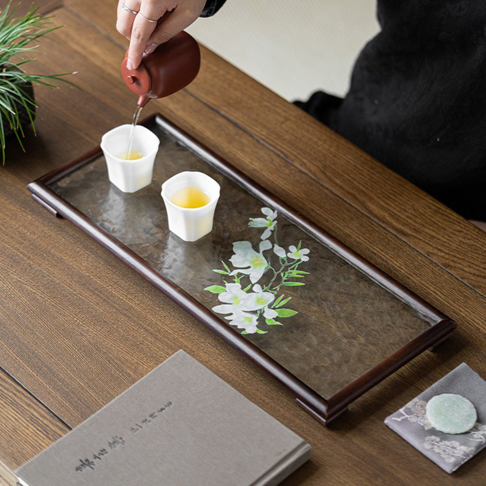 胡桃木玻璃波纹茶盘