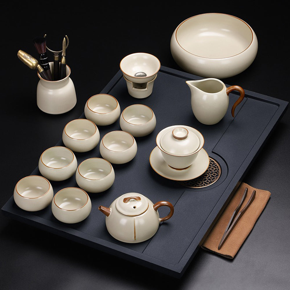 Yellow Ruyao Chinese Tea Set With Black Stone Tea Tray