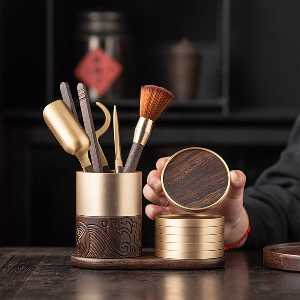 Ebony & Copper Tea Utensils Set With Coaster